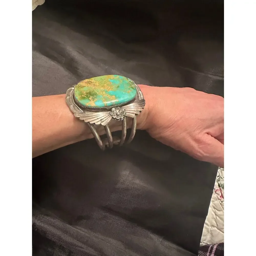 VINTAGE 70's 80's HUGE HEAVY SIGNED NAVAJO CARVED STERLING TURQUOISE CUFF UNISEX